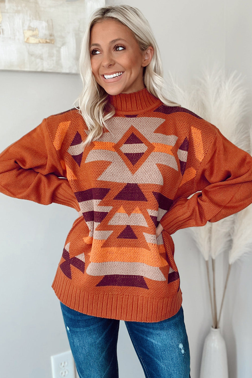 Aztec Knitted High Neck Drop Shoulder Sweater