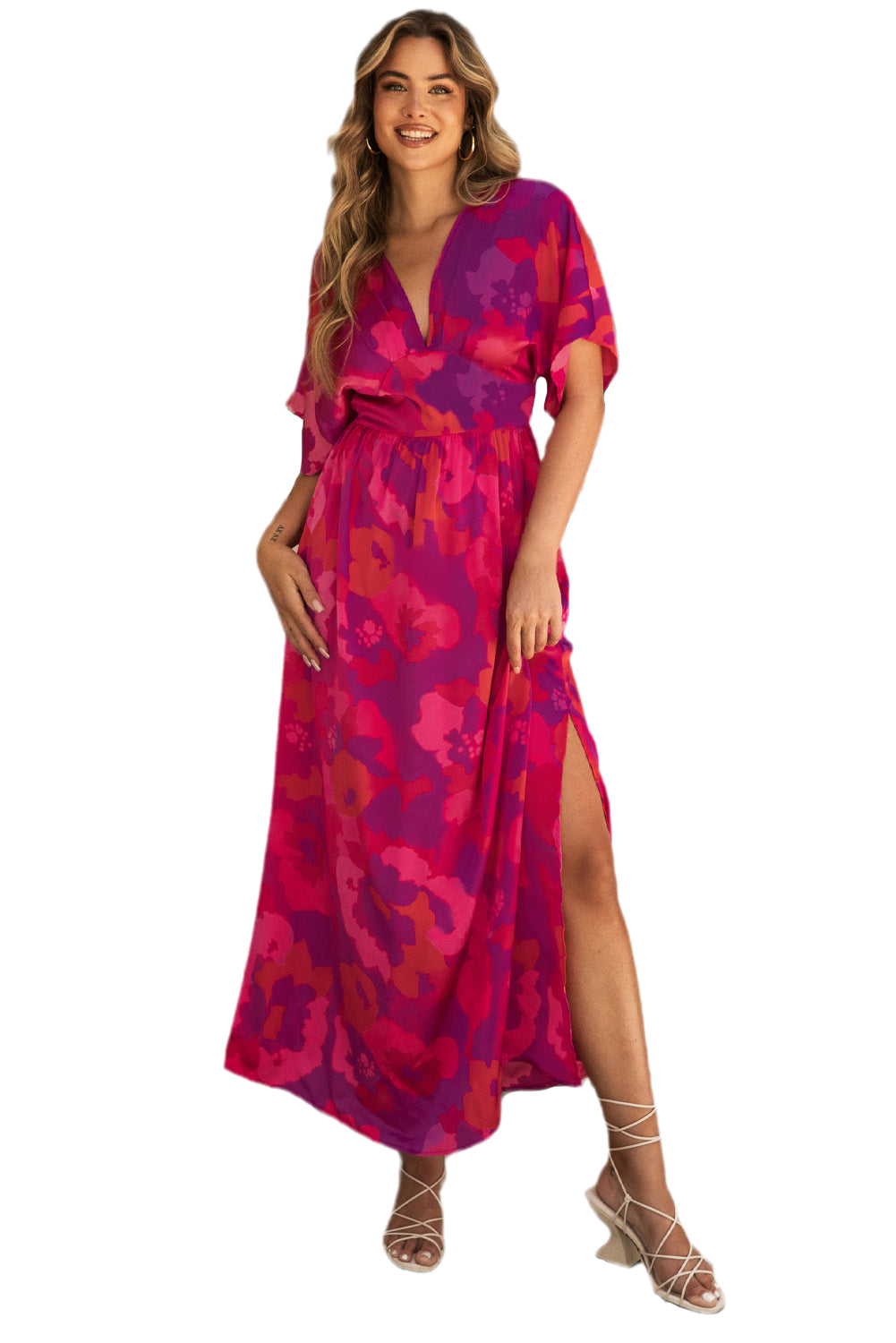 Abstract Floral Print V Neck Dolman Maxi Dress