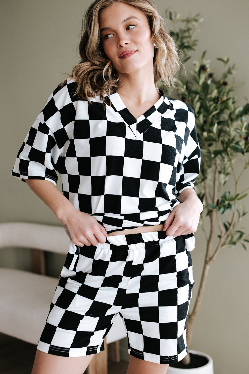 Black Checkerboard Print V Neck Loose Tee and Shorts Lounge Set