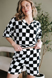 Black Checkerboard Print V Neck Loose Tee and Shorts Lounge Set