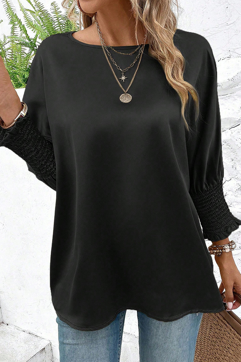 Smoke Gray Shirred Dolman Sleeve Satin Blouse