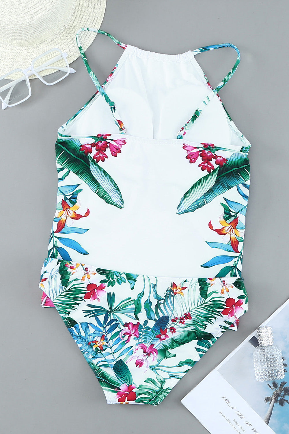 Leaf & Flower Print Ruched Tankini Set