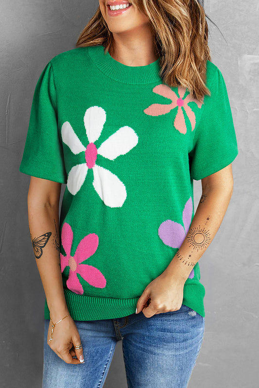 Bright Green Floral Bubble Short Sleeve Sweater