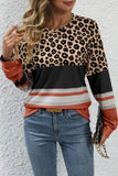 Brown Leopard Color Block Crewneck Long Sleeve Top