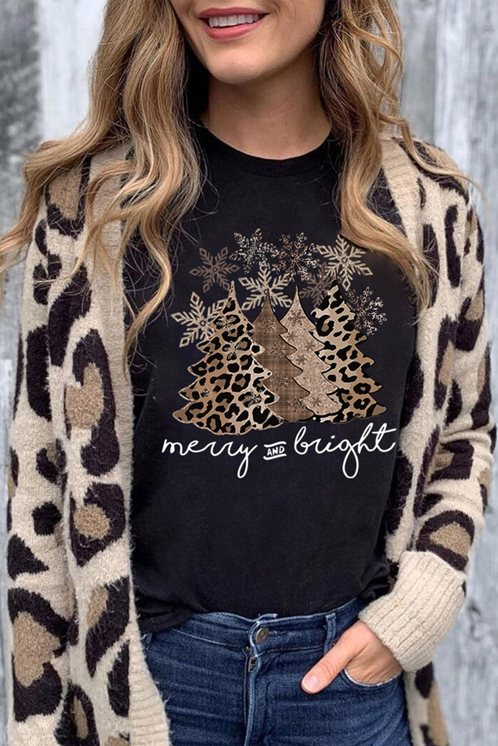 Black Leopard Christmas Tree Graphic Crew Neck T Shirt