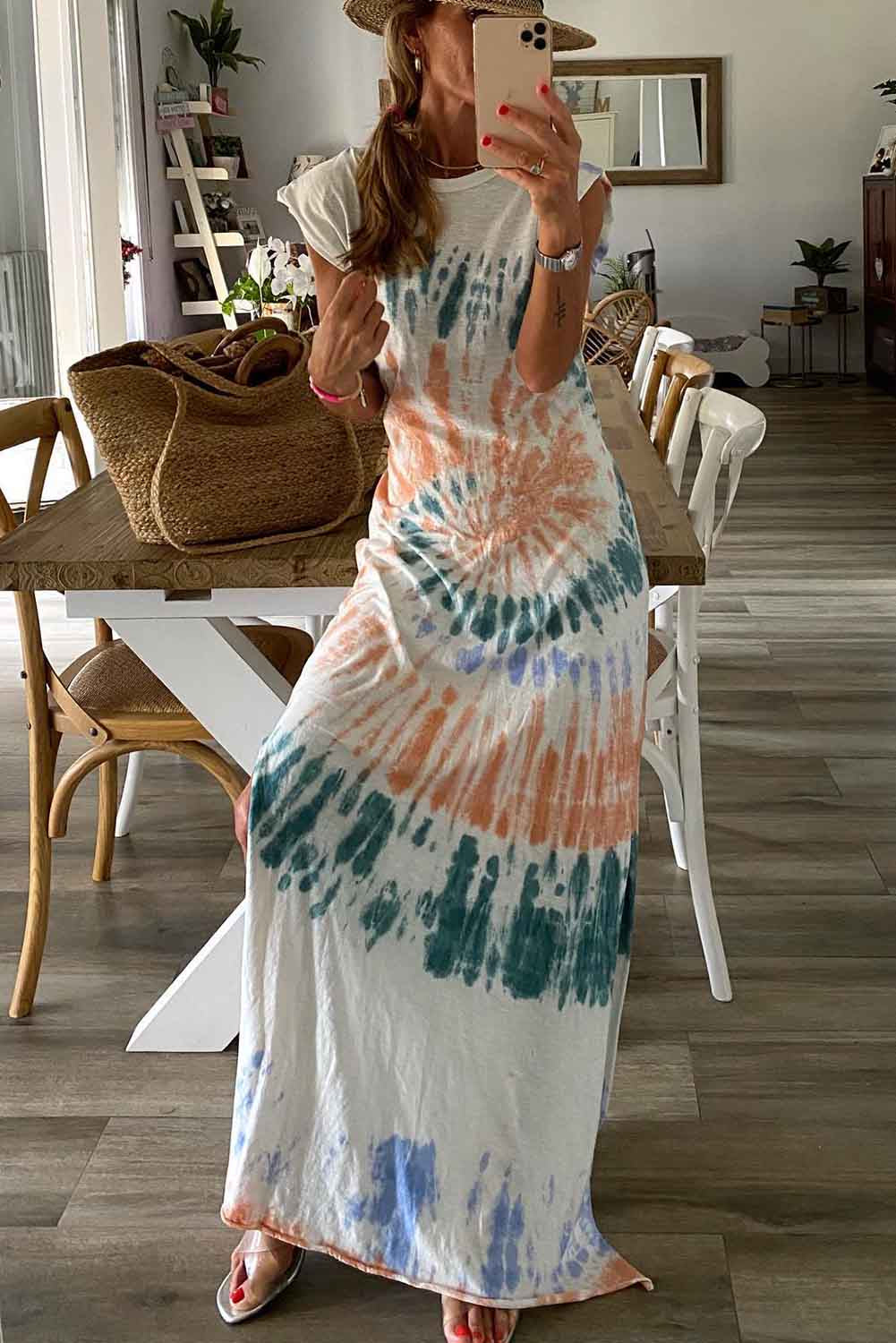 Cap Sleeve Tie Dye Long Slit Dress