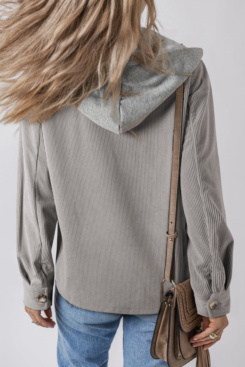 Light Grey Hooded Drawstring Pockets Corduroy Shacket