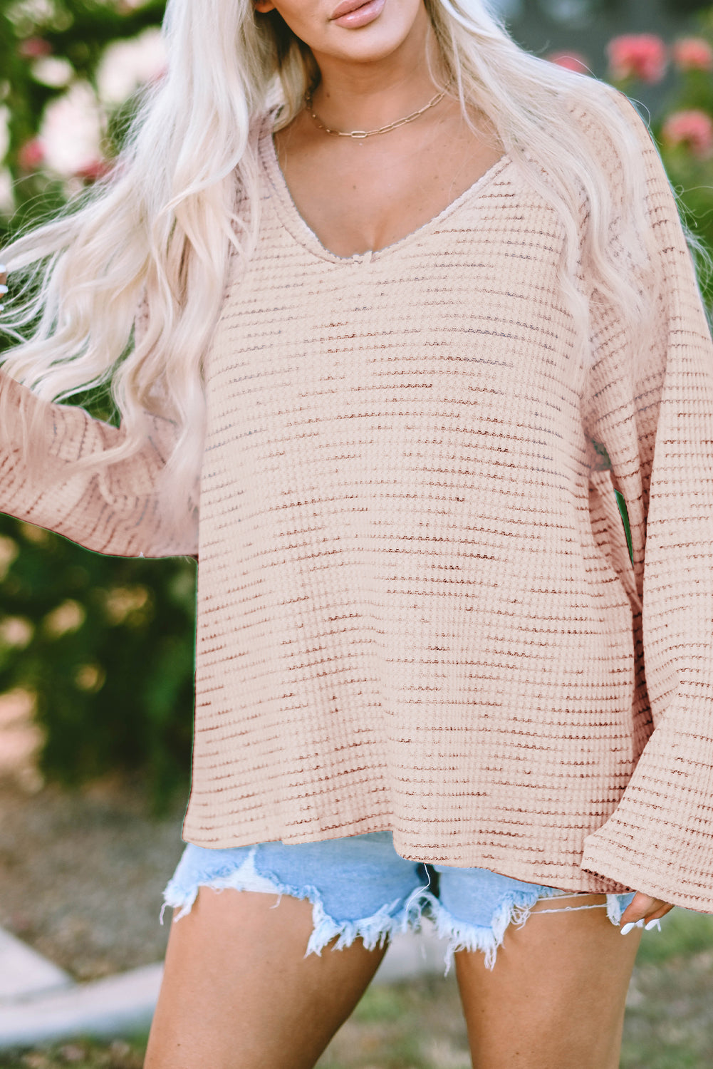 Waffled Knit Long Sleeve V-Neck Frayed Top