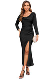 Drape Neck Tie Waist Long Sleeve Slit Dress