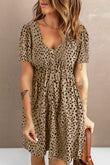 Leopard V-Neck Buttons Short Sleeve Midi Dress