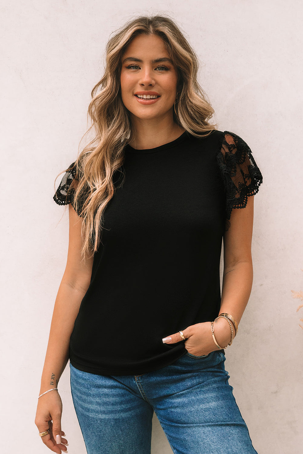 Lace Ruffle Sleeve Round Neck T Shirt