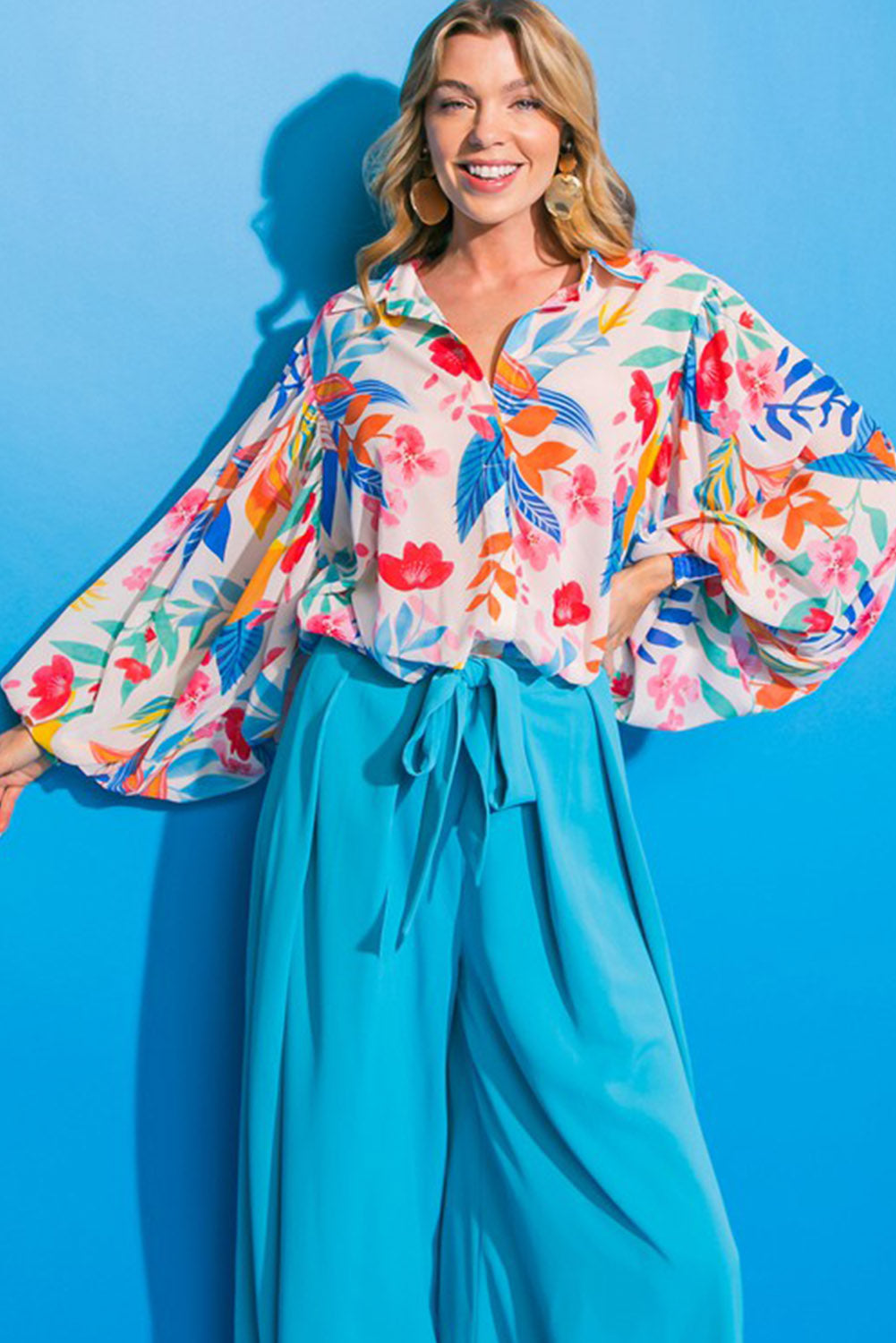 Vibrant Floral Printed Billowy Sleeve Shirt