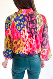 Rose Leopard Patchwork Print Pleated Blouse