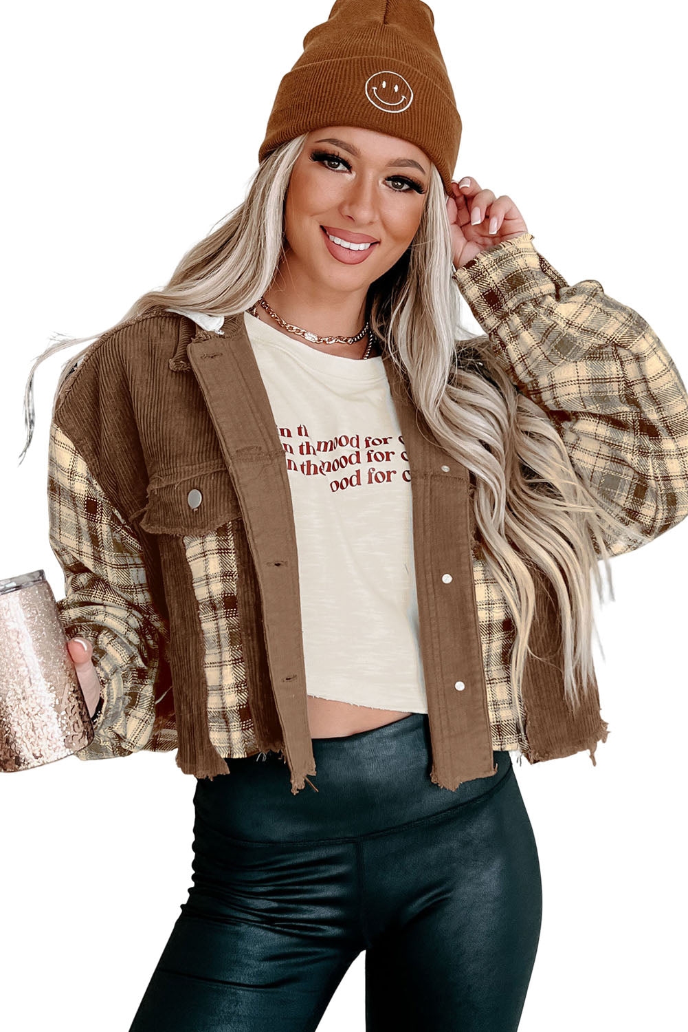 Plaid Patchwork Distressed Hooded Cropped Jacket