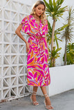 Tropical Leafy Print Drawstring V Neck Midi Dress