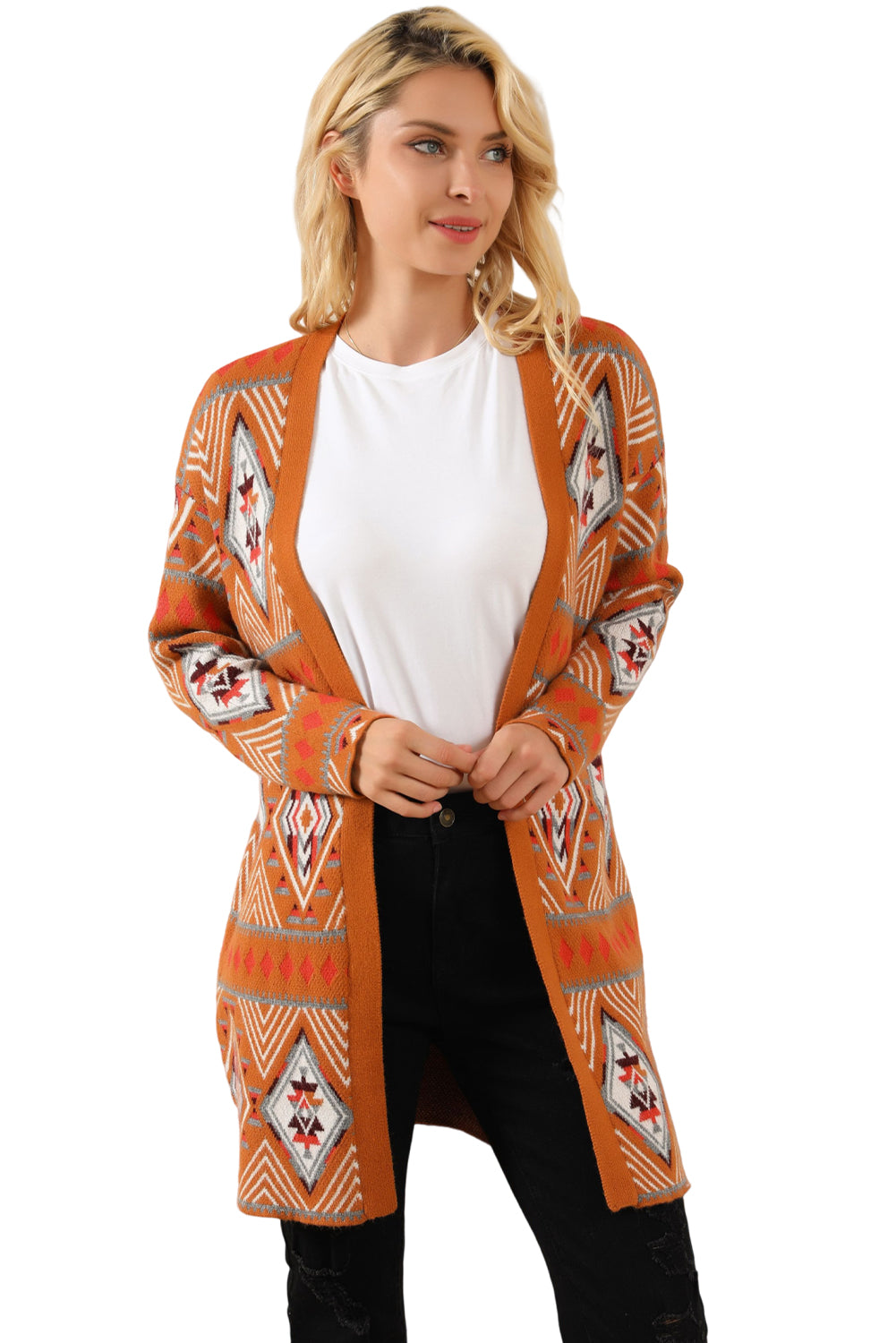 Aztec Geometric Knit Open Front Cardigan