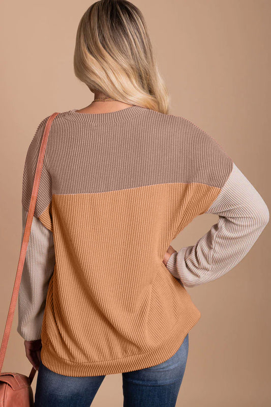 Khaki Color Block Long Sleeve Ribbed Loose Top