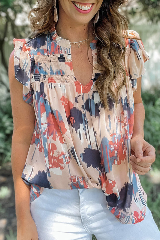 Abstract Print V Neck Shirred Ruffled Sleeveless Top