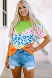 Color Block Leopard Waffle Knit Patchwork T-Shirt