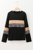 Khaki Leopard Colorblock Patchwork Crew Neck Long Sleeve Tee