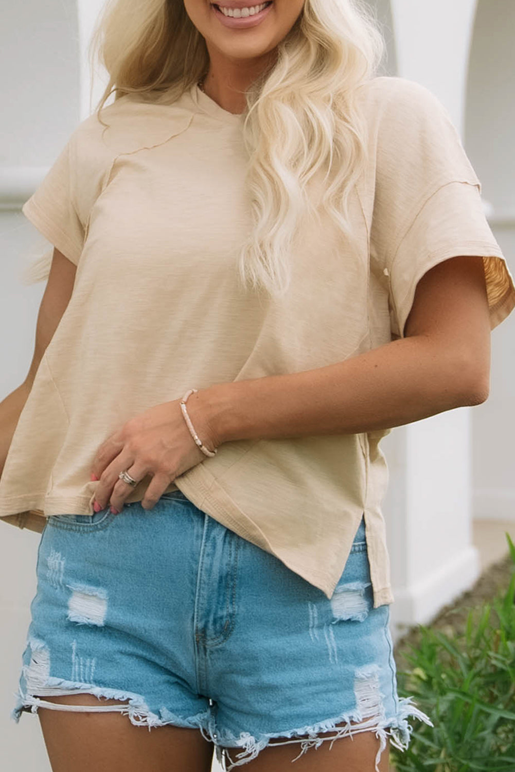 Solid Patched Side Slit T Shirt