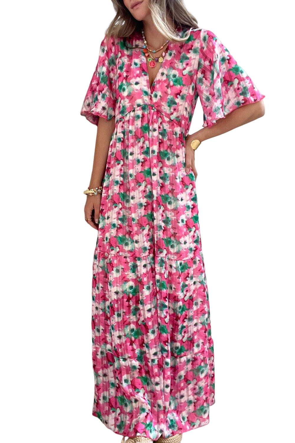 Robe longue rose à imprimé floral et manches larges