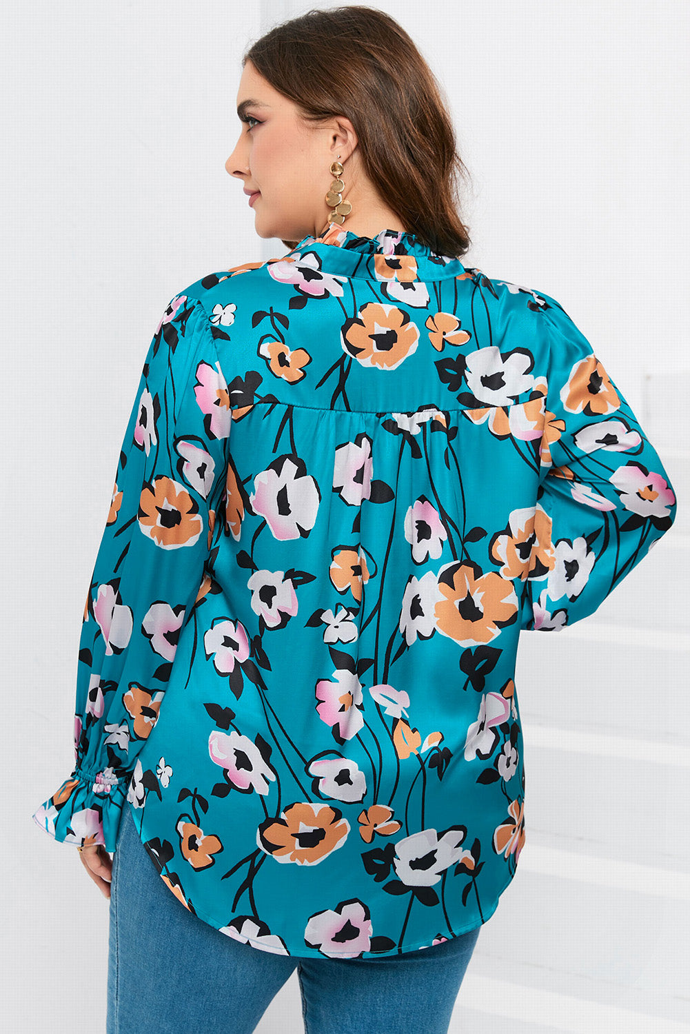 Floral Print V Neck Plus Size Blouse