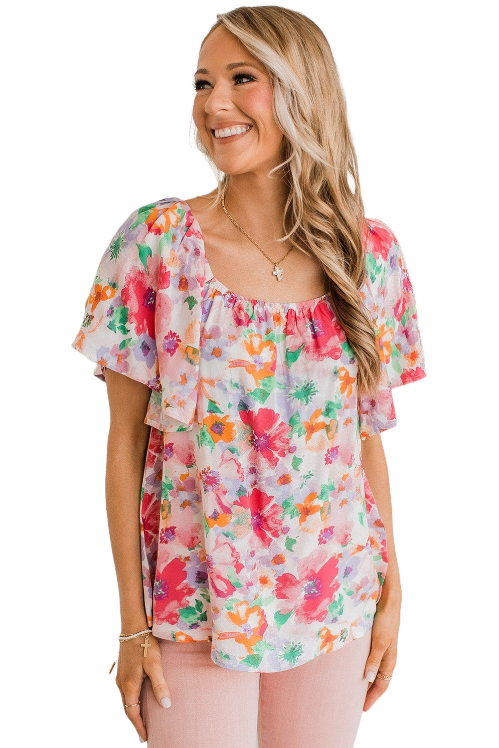 Blouse multicolore aquarelle florale à col carré et manches à volants