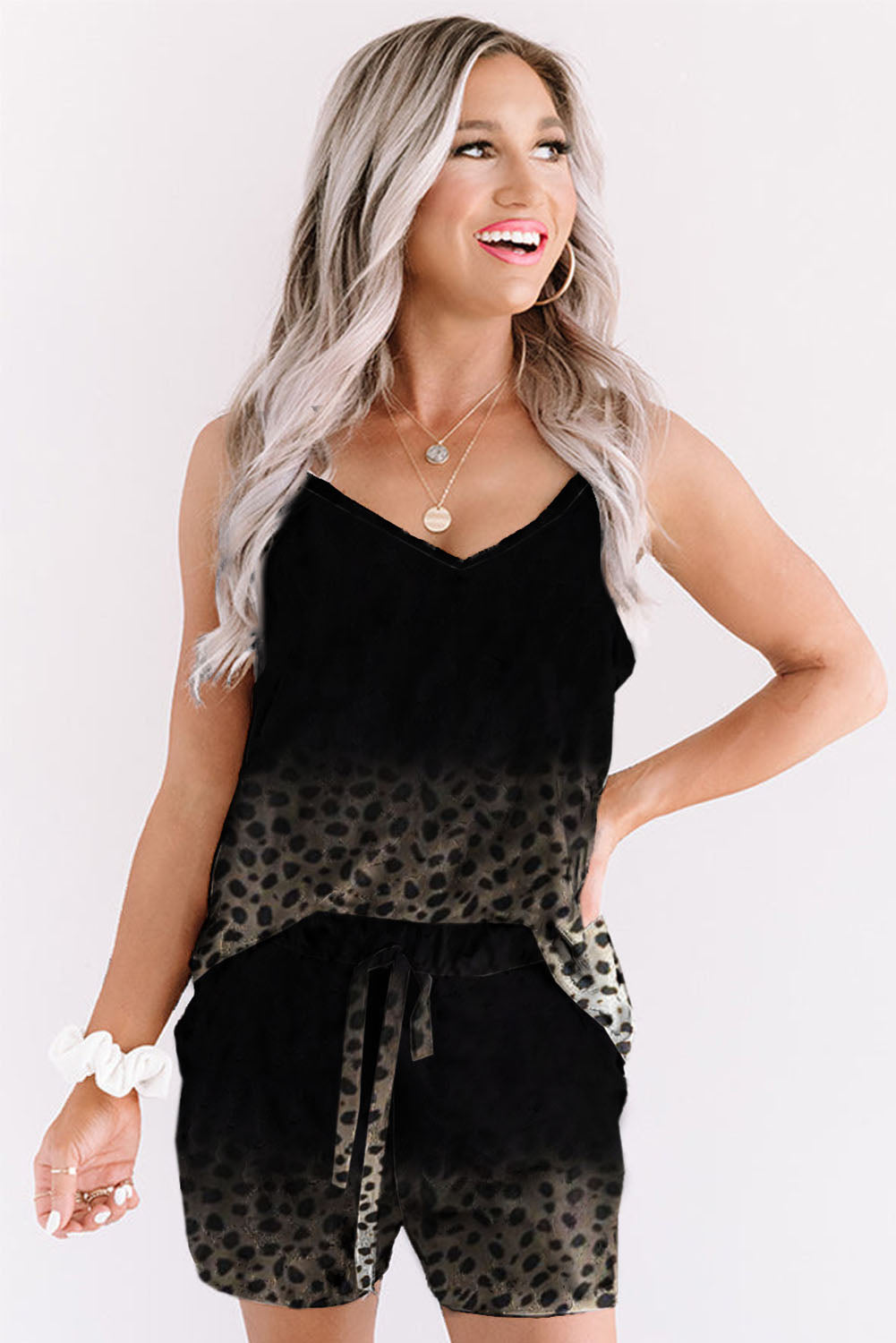 Gradient Leopard Lace V Neckline Tank Top