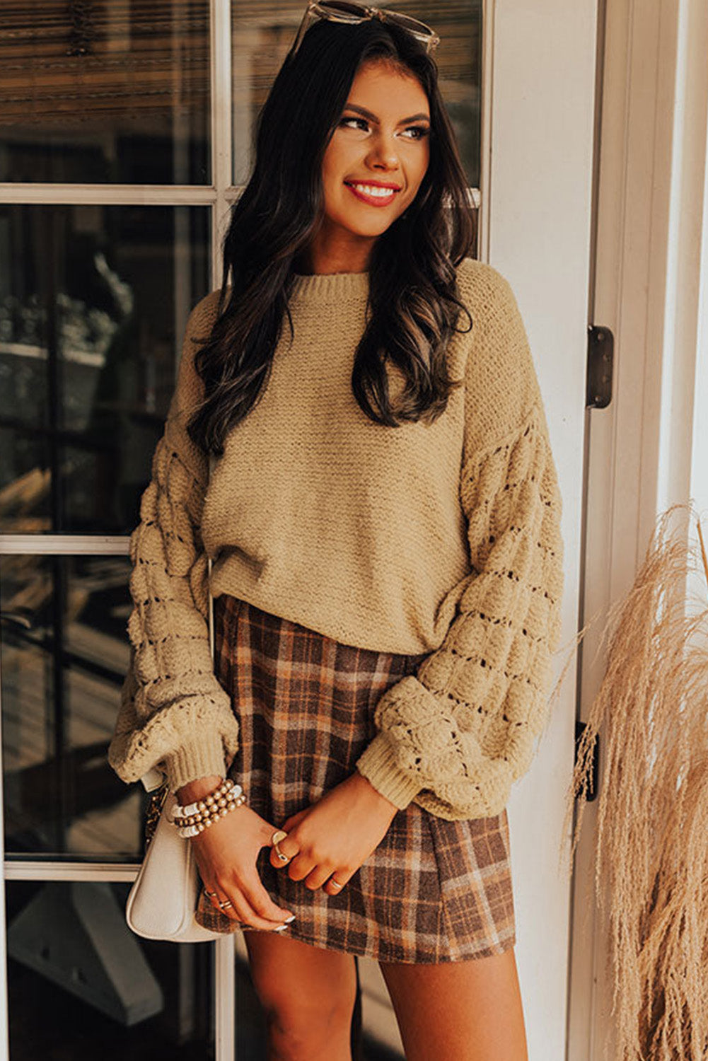 Hollowed Bubble Sleeve Knit Sweater