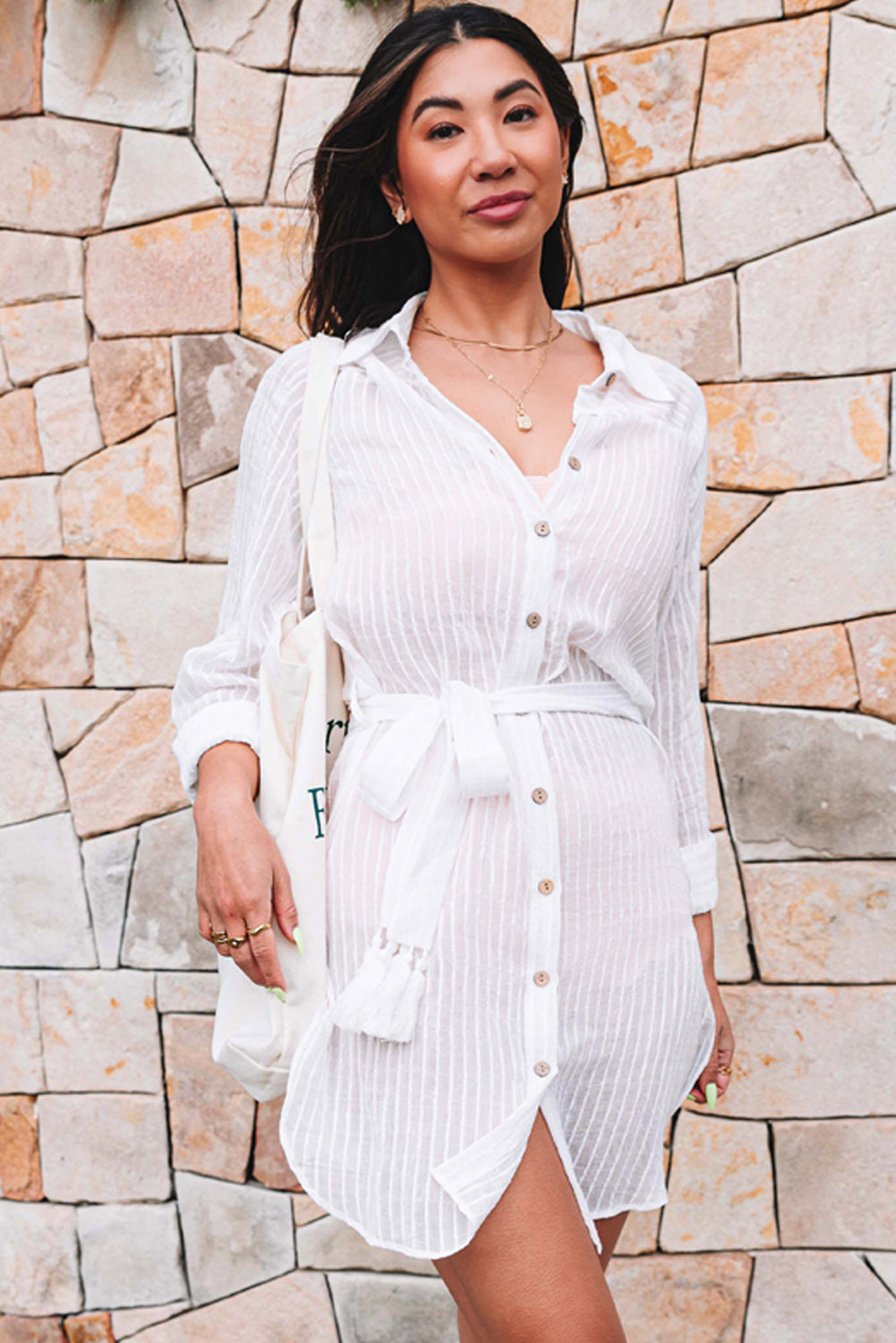 Striped Shirt Dress Beach Cover up with Belt