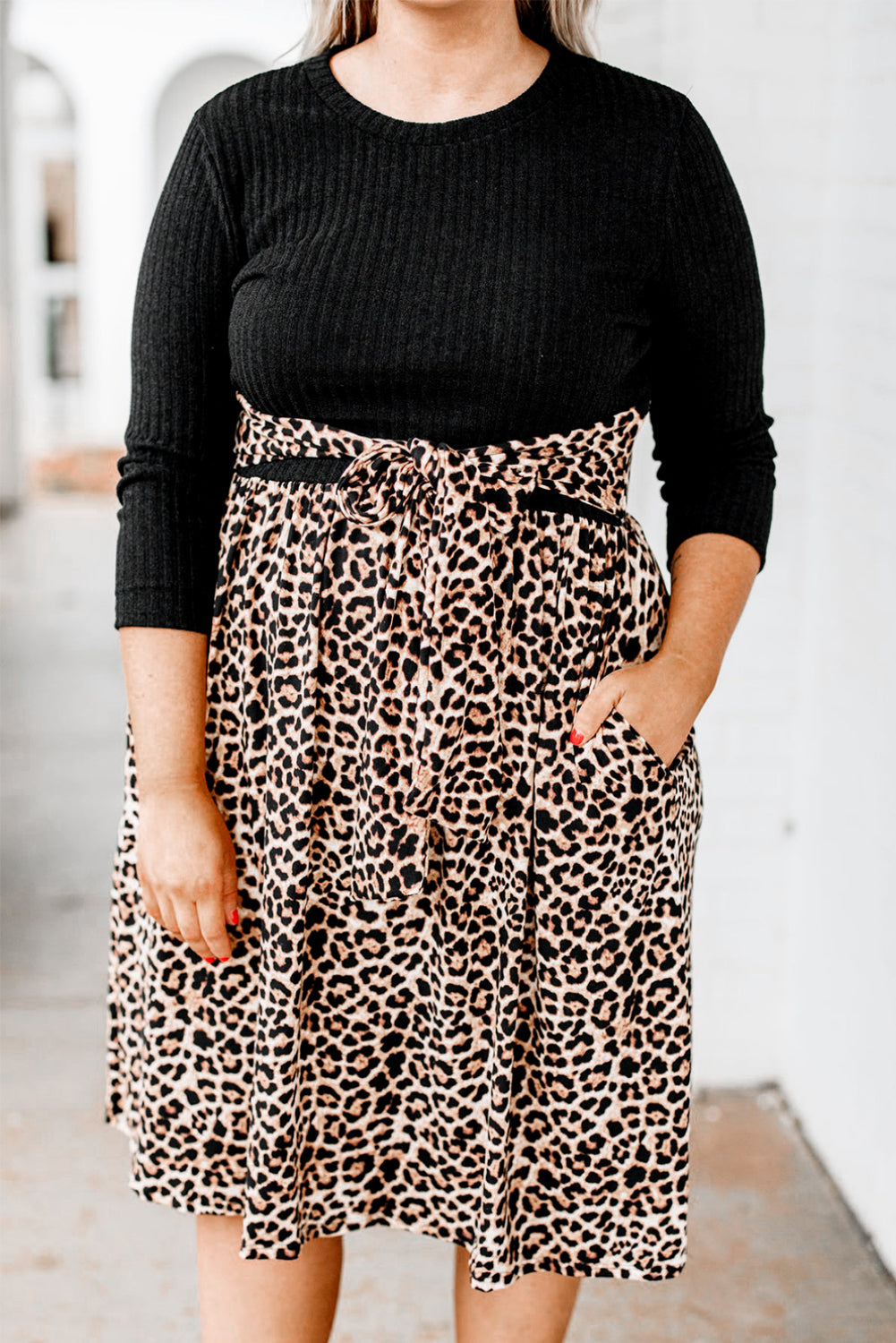 Ribbed Knit Leopard Plus Size Midi Dress