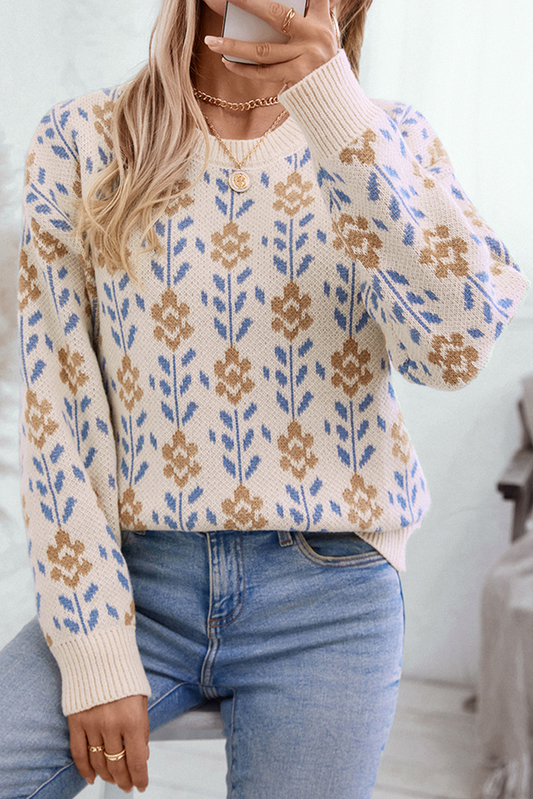 Apricot Floral Pattern Crew Neck Sweater