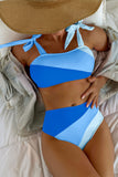 Ombre Color Block Tie Shoulder Bikini High Waist Swimsuit