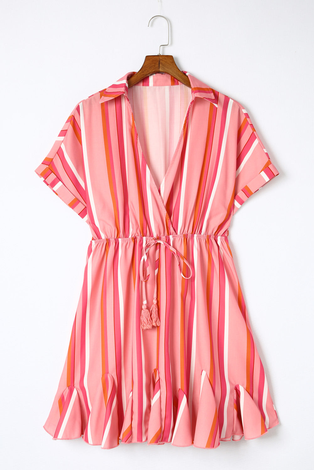 Stripe Print Rolled Short Sleeve V Neck Mini Dress