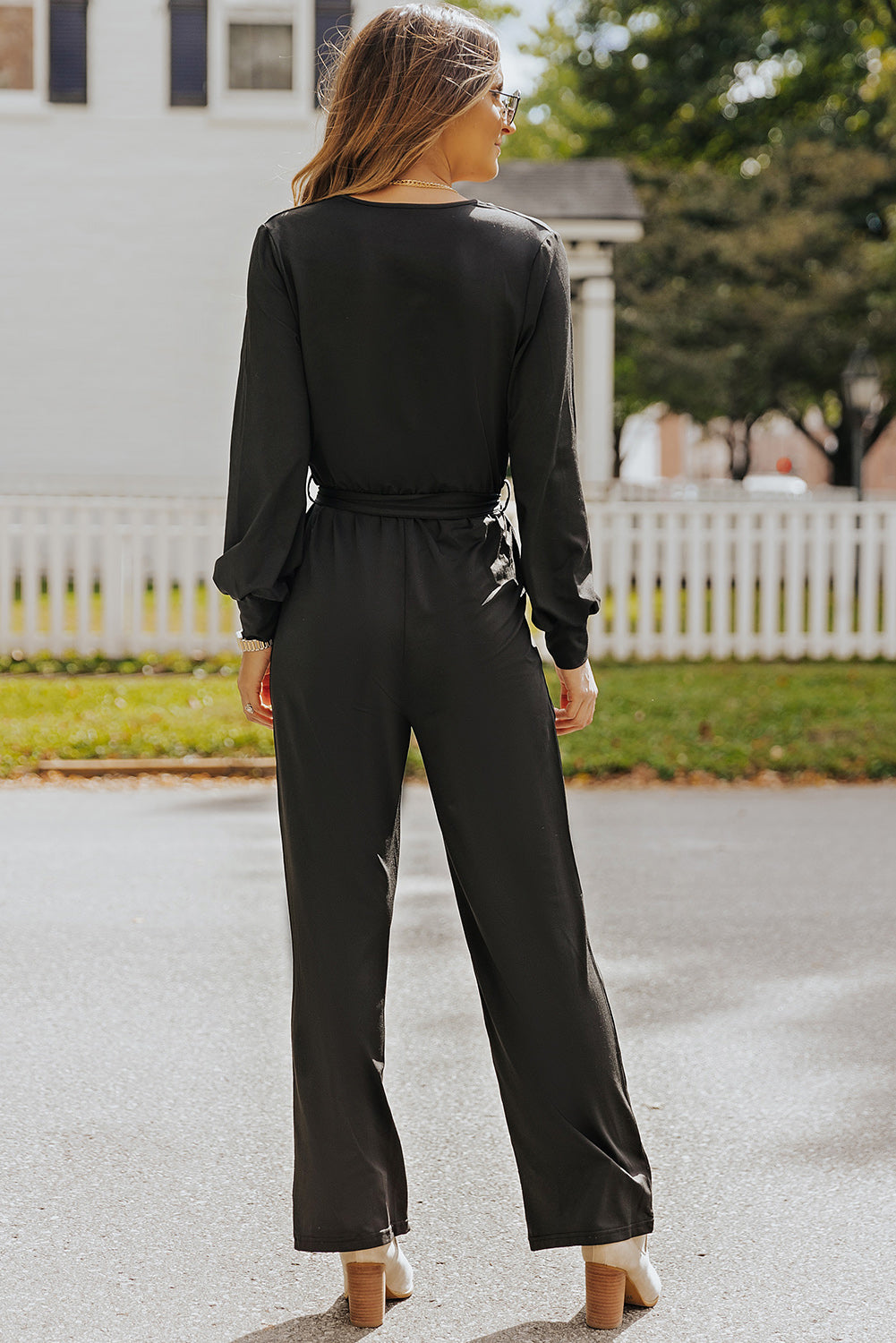 V Neck Wrap Waist Tie Long Sleeve Jumpsuit