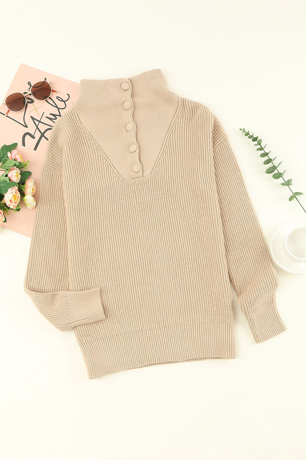 Buttoned Turn Down Collar Comfy Ribbed Sweater