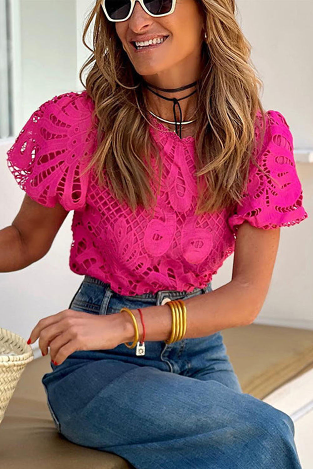 Crochet Lace Hollowed Puff Sleeve Blouse