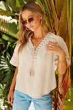 Tassel Drawstring Embroidered Half Sleeve V Neck Top