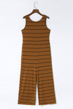 Khaki Stripe Print Open Back Sleeveless Maxi Dress with Slits