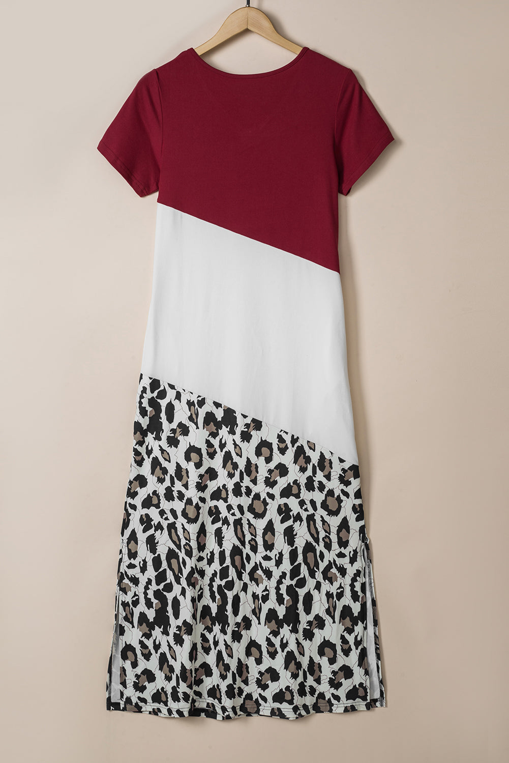 Red Leopard Color Block Side Slit T Shirt Maxi Dress