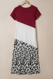 Red Leopard Color Block Side Slit T Shirt Maxi Dress