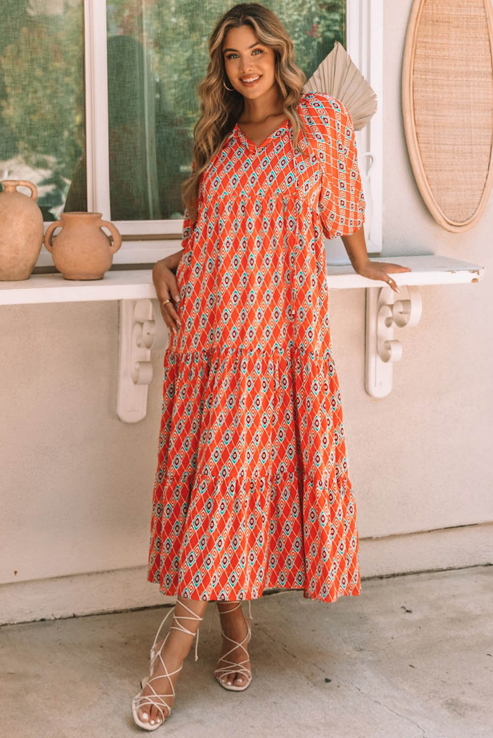 Ethnic Geometry Print Bubble Sleeve Maxi Dress