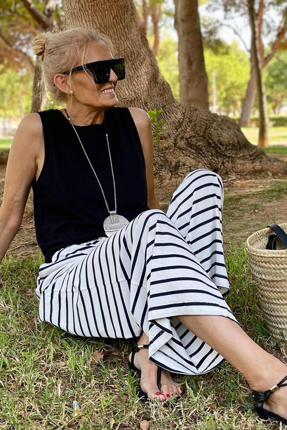 Drawstring Striped Wide Leg Pants