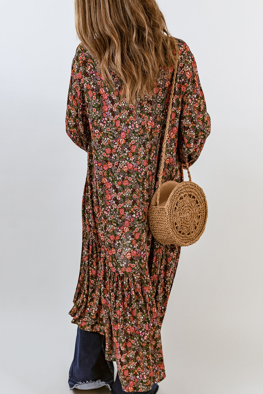 Open Front Boho Floral Print Kimono