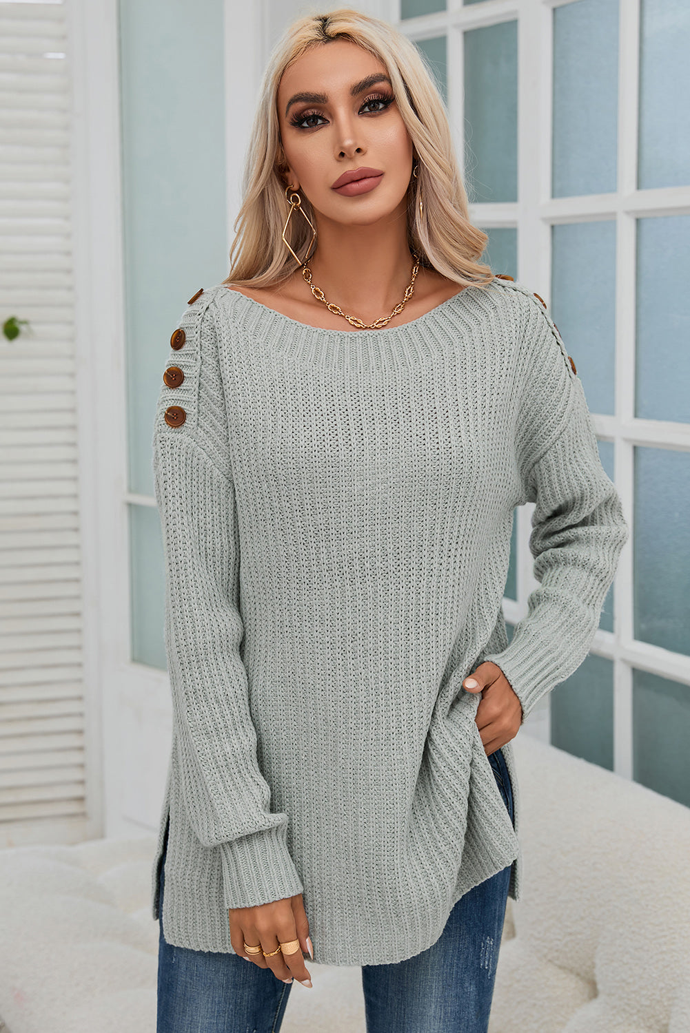 Buttoned Drop Shoulder Oversized Sweater