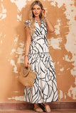 Abstract Vein Print V Neck Ruffle Maxi Dress