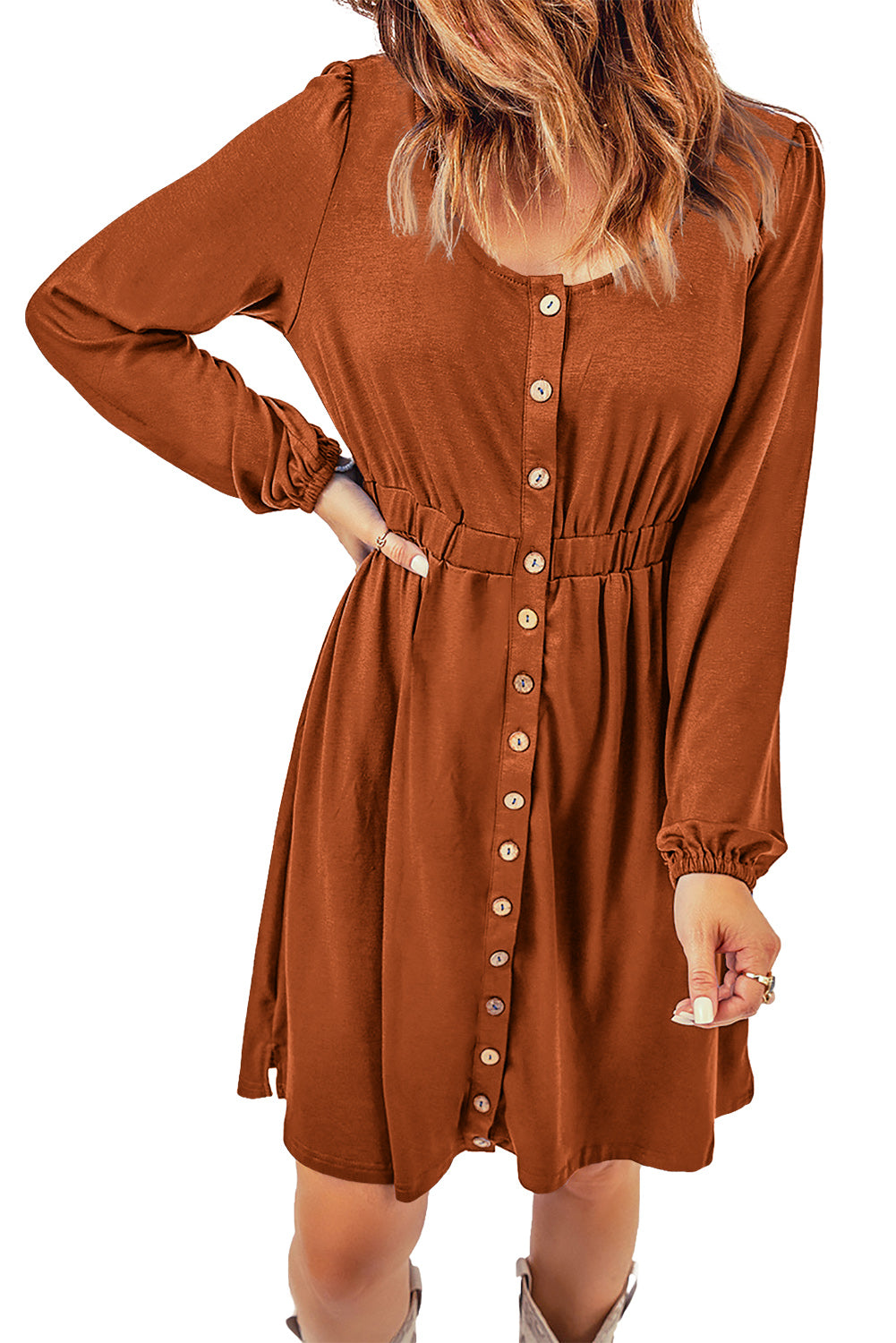 Button Up High Waist Long Sleeve Dress