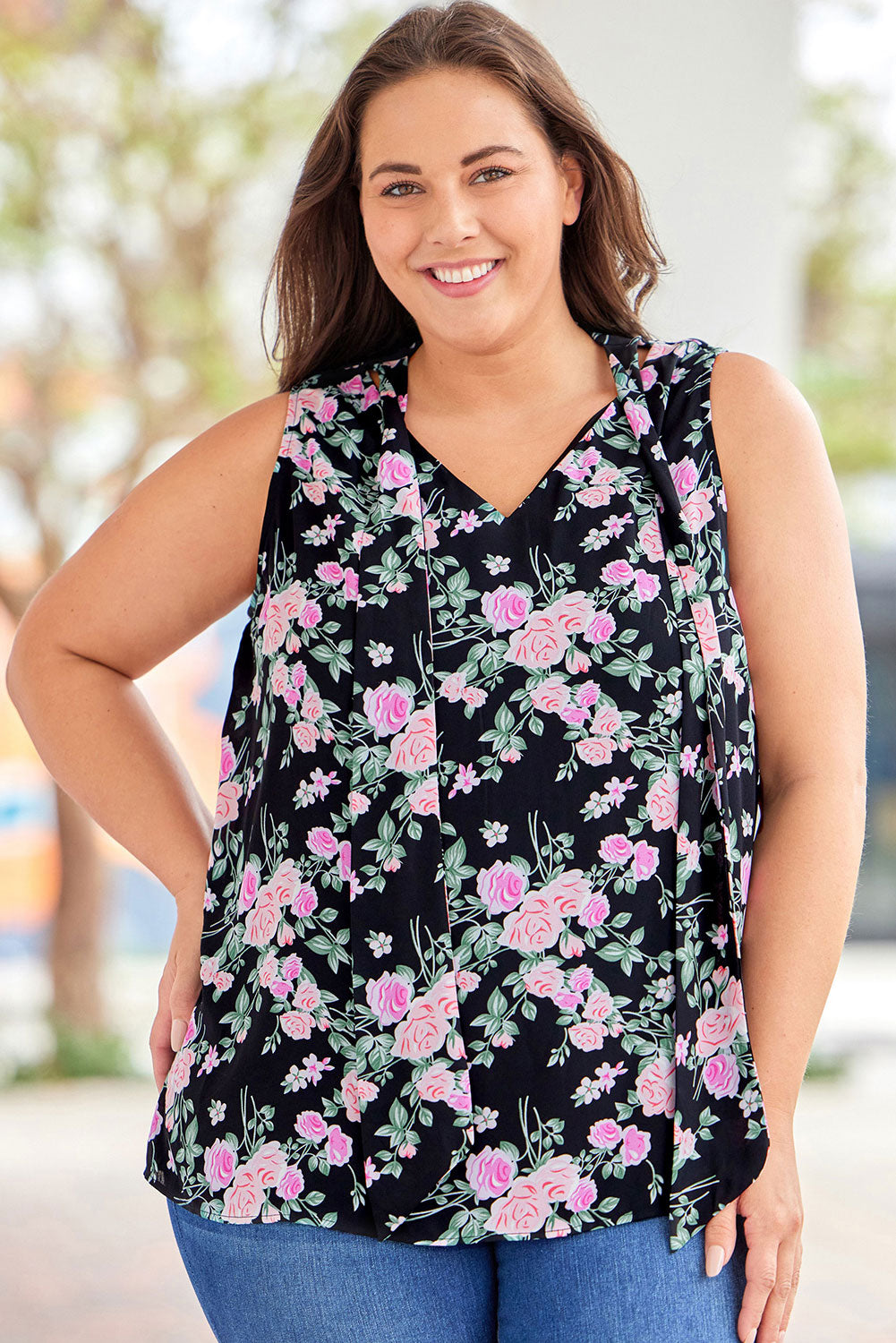 Plus Size Floral Print Ribbon V Neck Tank Top