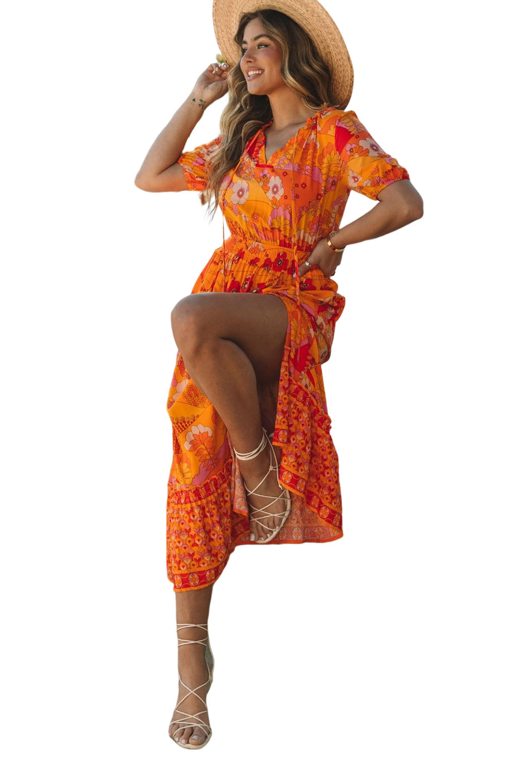 Robe longue orange bohème florale à taille smockée avec fente 